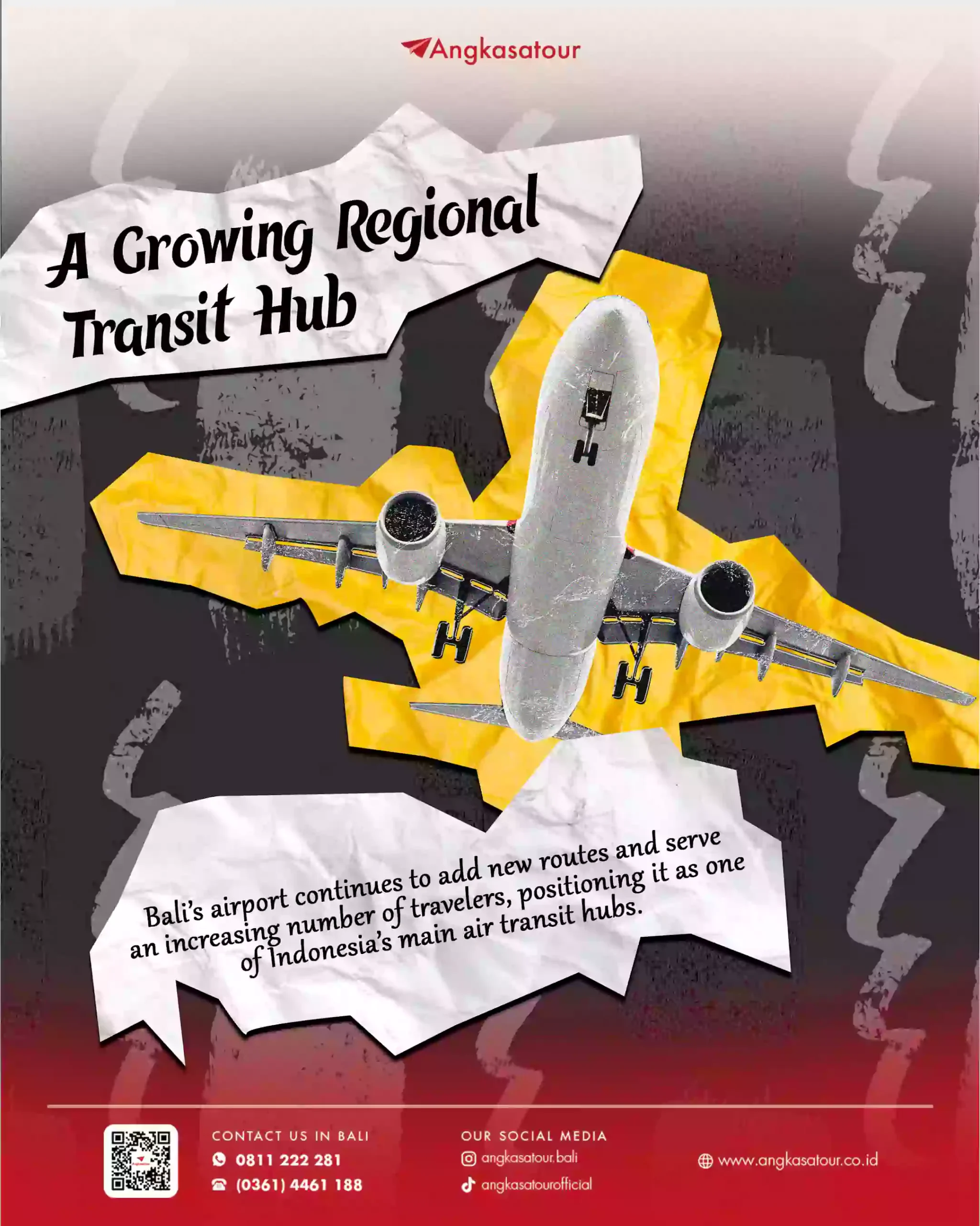nfografis ATTWorld berjudul "A Growing Regional Transit Hub" memperlihatkan ilustrasi pesawat terbang di atas peta Bali, menyoroti Bandara Ngurah Rai sebagai hub transit regional dengan rute baru.
