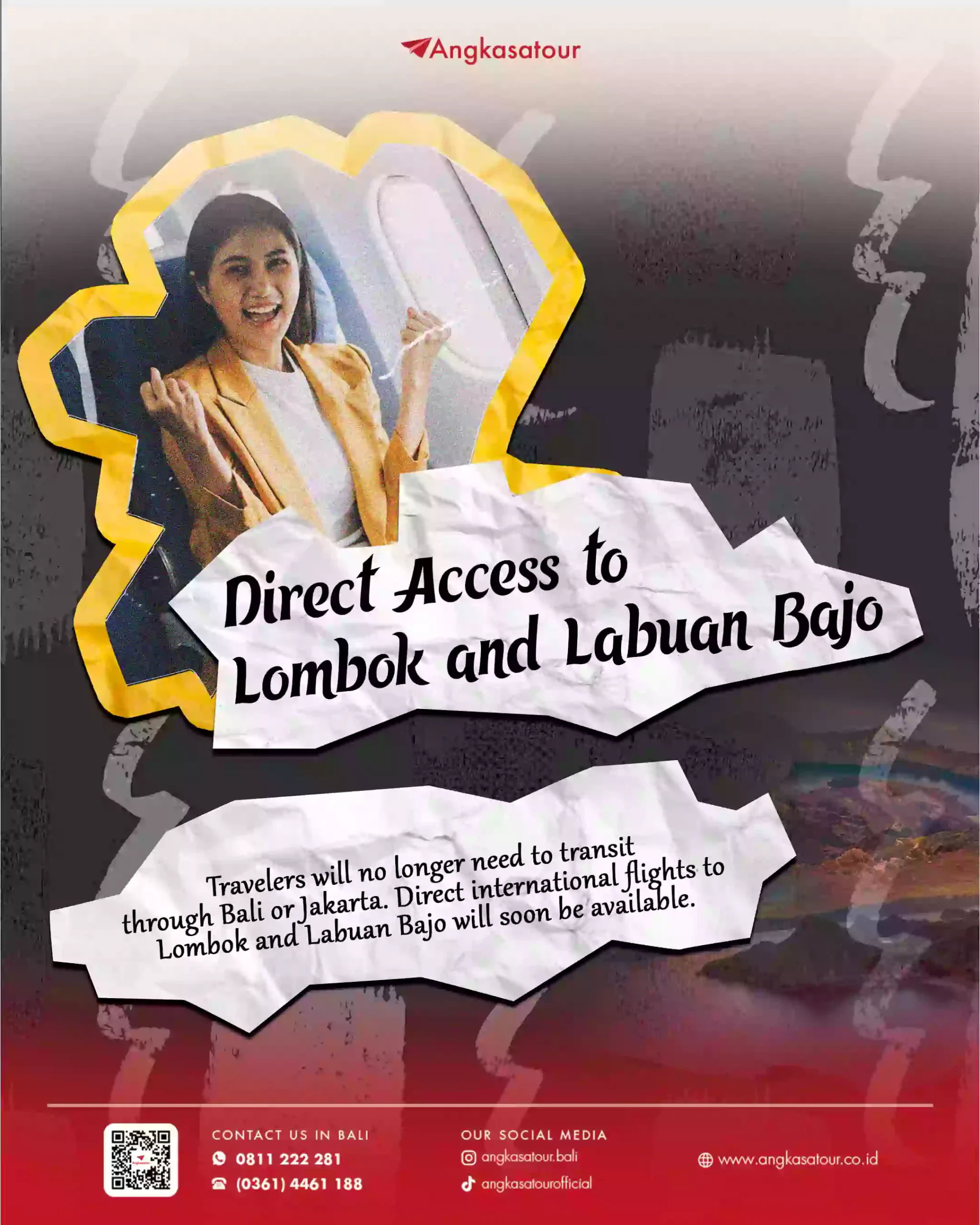 Gambar poster ATTWorld "Direct Access to Lombok & Labuan Bajo" menunjukkan traveler di kursi pesawat tersenyum senang, menekankan kemudahan akses penerbangan langsung tanpa transit ke Lombok dan Labuan Bajo.