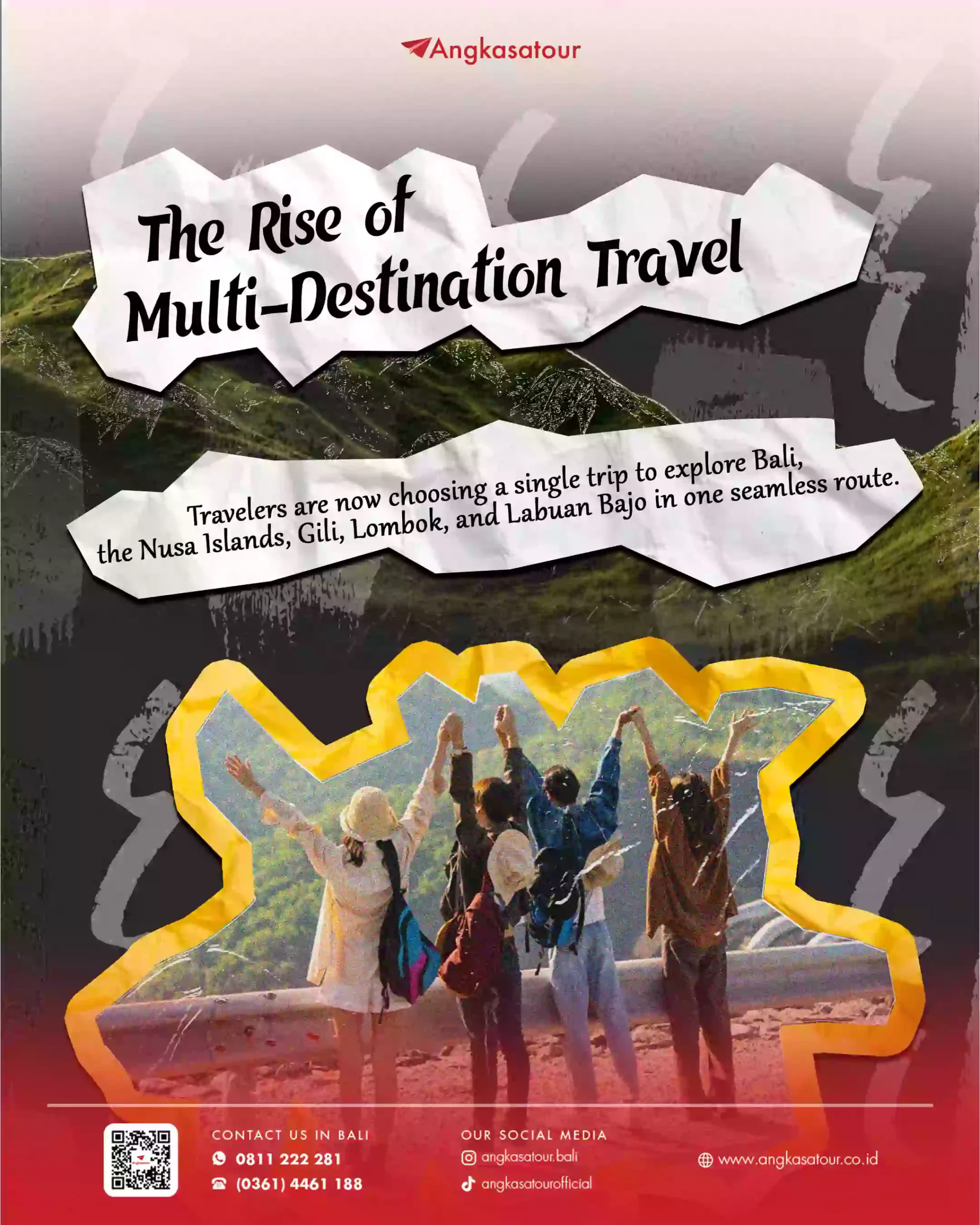 Infografis "The Rise of Multi-Destination Travel" dari ATTWorld menampilkan peta Bali, Nusa Tenggara dan ikon destinasi (pulau, pesawat, kapal) yang terhubung, menggambarkan tren wisata satu perjalanan ke banyak destinasi.