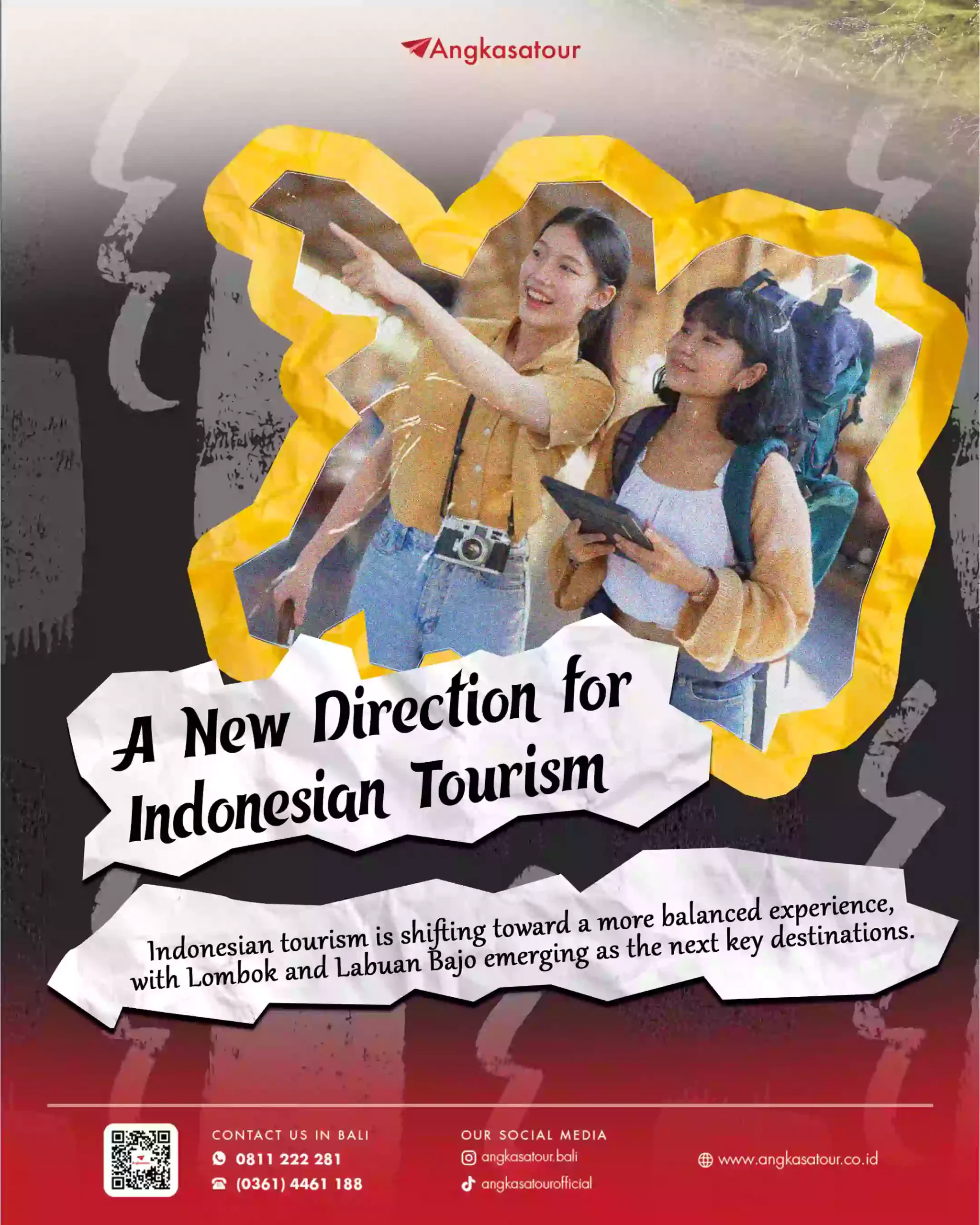 Poster ATTWorld "A New Direction for Indonesian Tourism" memperlihatkan dua wisatawan menikmati pemandangan alam Indonesia, mengilustrasikan pergeseran fokus pariwisata ke Lombok dan Labuan Bajo sebagai destinasi kunci selain Bali.
